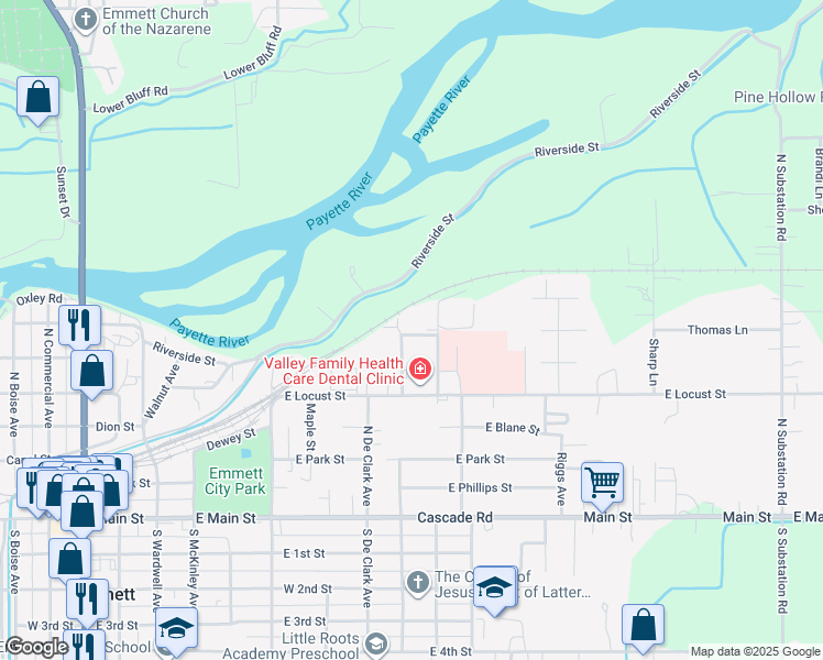 map of restaurants, bars, coffee shops, grocery stores, and more near 1024 Fernlee Street in Emmett