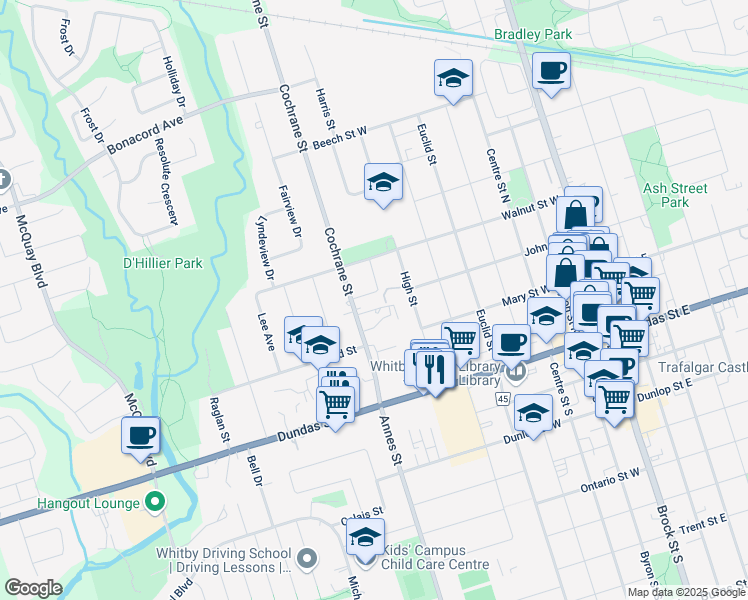 map of restaurants, bars, coffee shops, grocery stores, and more near 109 Ferguson Street in Whitby