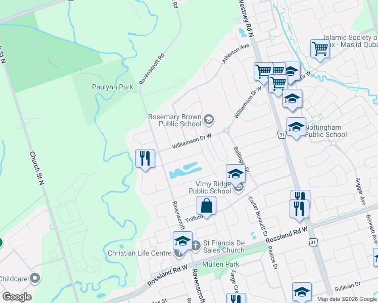 map of restaurants, bars, coffee shops, grocery stores, and more near 12 Driscoll Drive in Ajax
