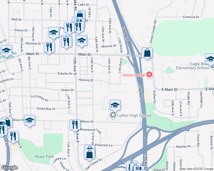 map of restaurants, bars, coffee shops, grocery stores, and more near 1416 Hickory Street in Onalaska