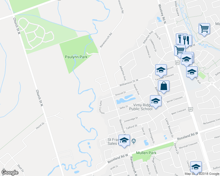 map of restaurants, bars, coffee shops, grocery stores, and more near 44 Beverton Crescent in Ajax