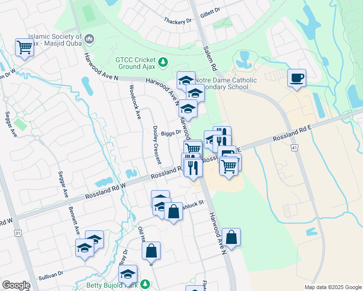 map of restaurants, bars, coffee shops, grocery stores, and more near 47 Oakins Lane in Ajax