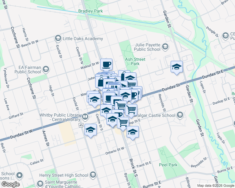 map of restaurants, bars, coffee shops, grocery stores, and more near in Whitby