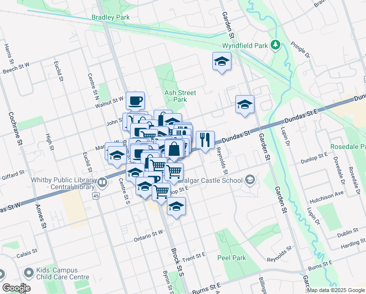 map of restaurants, bars, coffee shops, grocery stores, and more near in Whitby