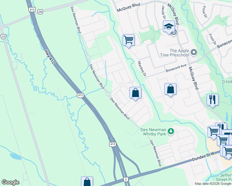 map of restaurants, bars, coffee shops, grocery stores, and more near 60 Fiesta Way in Whitby