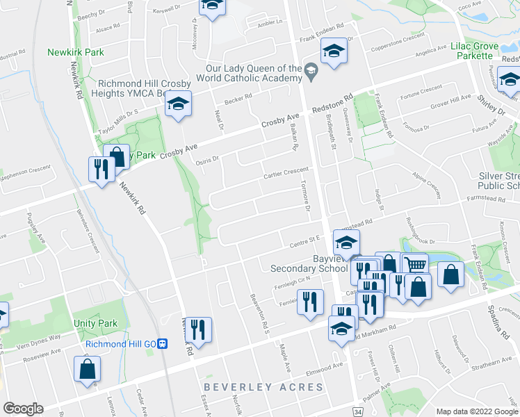 map of restaurants, bars, coffee shops, grocery stores, and more near 57 Millerdale Road in Richmond Hill