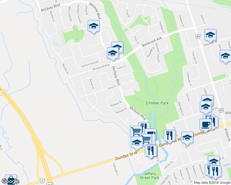 map of restaurants, bars, coffee shops, grocery stores, and more near 66 Rothean Drive in Whitby