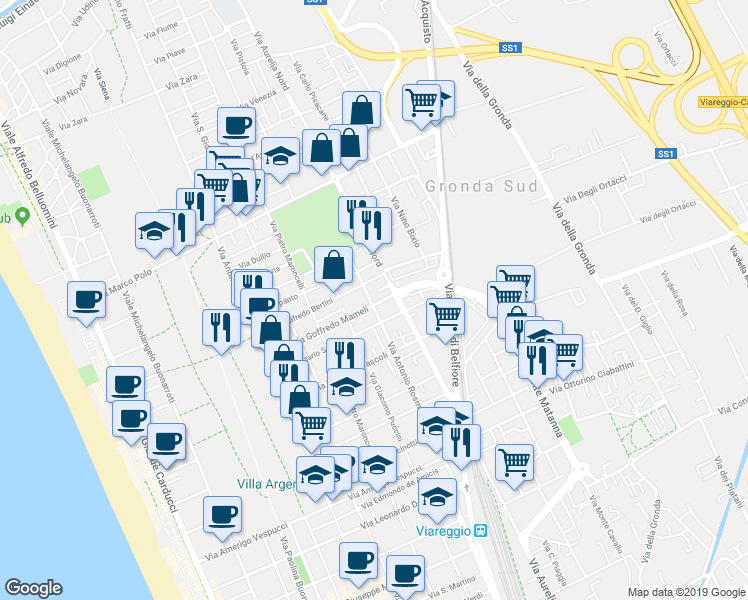 map of restaurants, bars, coffee shops, grocery stores, and more near 174 Via Antonio Rosmini in Viareggio