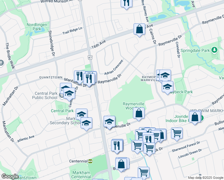 map of restaurants, bars, coffee shops, grocery stores, and more near in Markham
