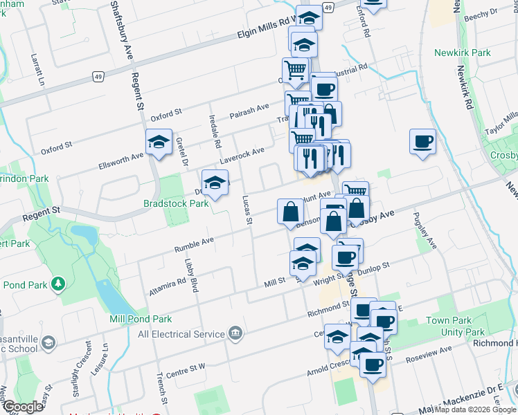 map of restaurants, bars, coffee shops, grocery stores, and more near 105 Hunt Avenue in Richmond Hill