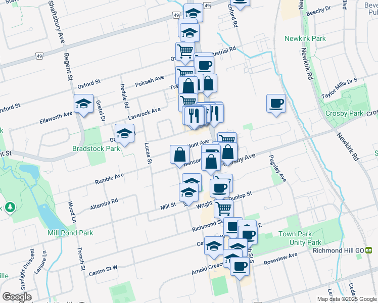 map of restaurants, bars, coffee shops, grocery stores, and more near 38 Hunt Avenue in Richmond Hill