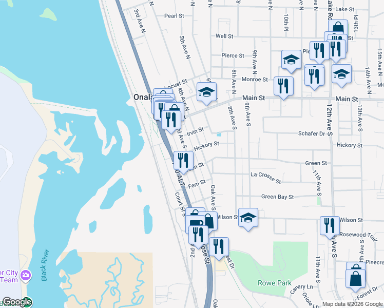 map of restaurants, bars, coffee shops, grocery stores, and more near 300 Hickory Street in Onalaska