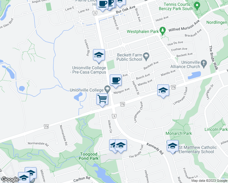 map of restaurants, bars, coffee shops, grocery stores, and more near 9309 Kennedy Road in Markham