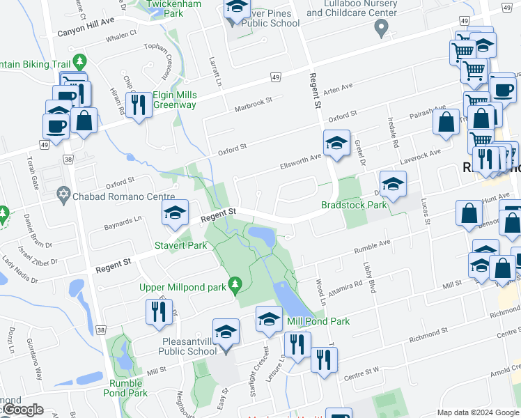 map of restaurants, bars, coffee shops, grocery stores, and more near 104 Regent Street in Richmond Hill