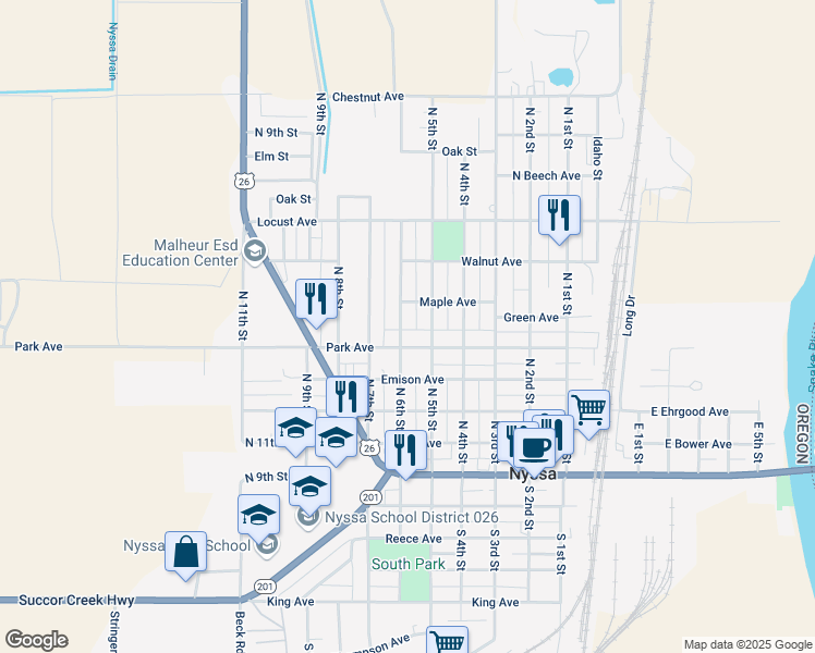 map of restaurants, bars, coffee shops, grocery stores, and more near 412 North 6th Street in Nyssa