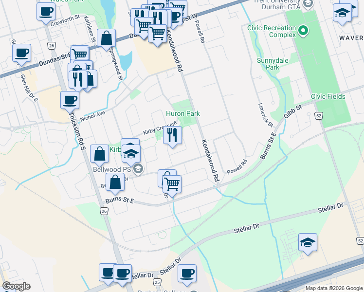 map of restaurants, bars, coffee shops, grocery stores, and more near 25 Fieldview Crescent in Whitby