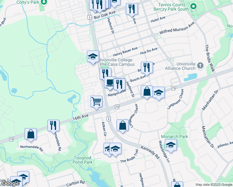 map of restaurants, bars, coffee shops, grocery stores, and more near Nipigon Avenue in Markham