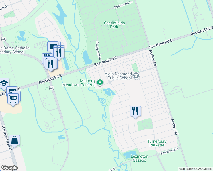 map of restaurants, bars, coffee shops, grocery stores, and more near 7 Mosely Crescent in Ajax