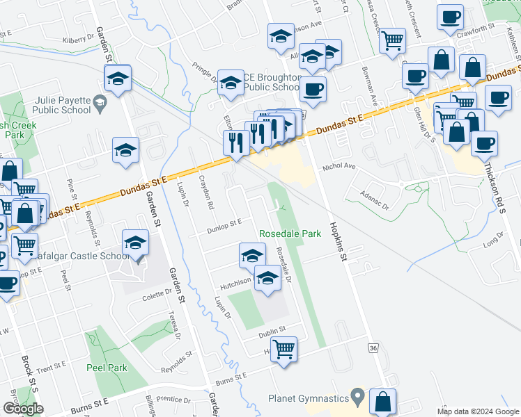 map of restaurants, bars, coffee shops, grocery stores, and more near 224 Rosedale Drive in Whitby