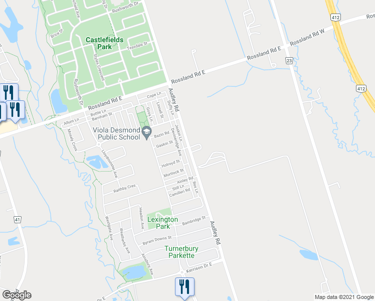 map of restaurants, bars, coffee shops, grocery stores, and more near 870 Audley Road in Ajax