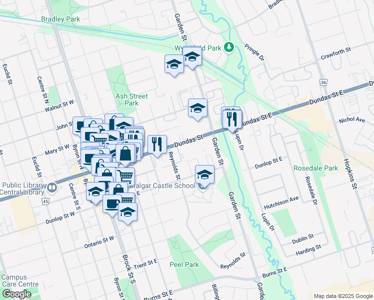 map of restaurants, bars, coffee shops, grocery stores, and more near 513 Dundas Street East in Whitby