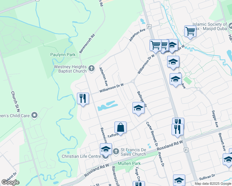 map of restaurants, bars, coffee shops, grocery stores, and more near 40 Searell Avenue in Ajax