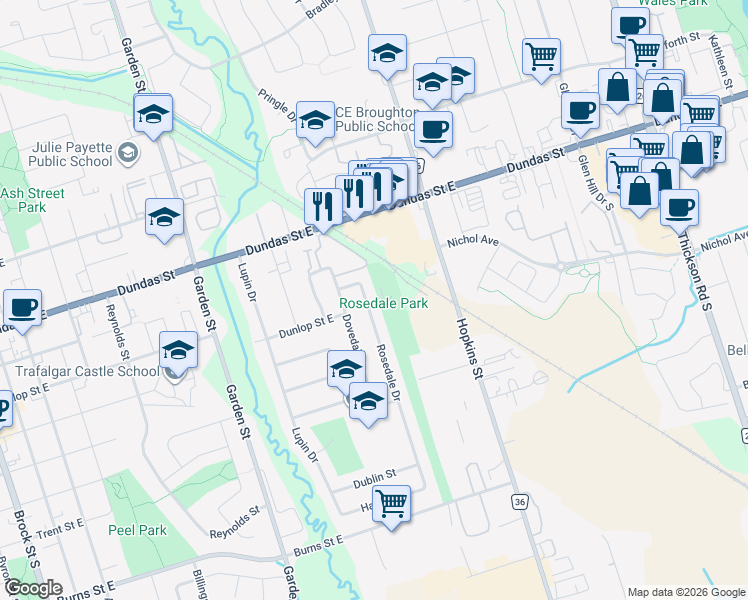 map of restaurants, bars, coffee shops, grocery stores, and more near 301 Rosedale Drive in Whitby