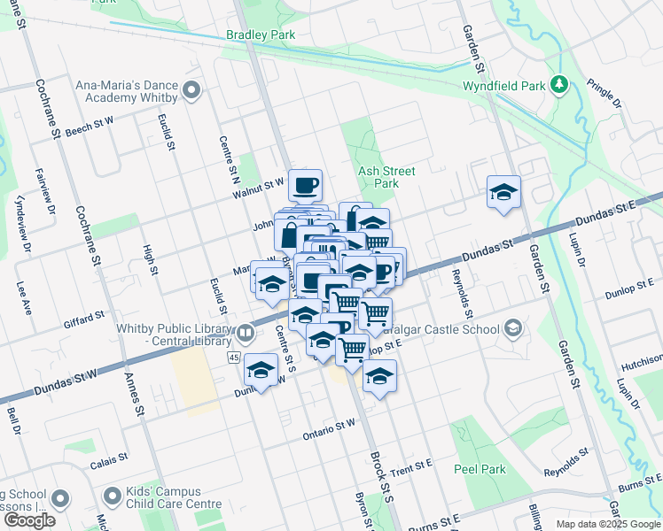 map of restaurants, bars, coffee shops, grocery stores, and more near in Whitby
