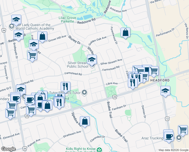 map of restaurants, bars, coffee shops, grocery stores, and more near 32 Palisade Crescent in Richmond Hill