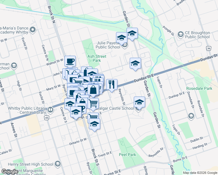 map of restaurants, bars, coffee shops, grocery stores, and more near 400 Dundas Street East in Whitby
