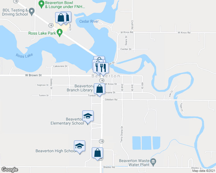 map of restaurants, bars, coffee shops, grocery stores, and more near 110 West Knox Street in Beaverton