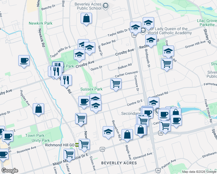 map of restaurants, bars, coffee shops, grocery stores, and more near 38 Cartier Crescent in Richmond Hill