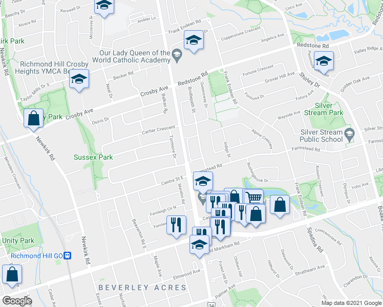 map of restaurants, bars, coffee shops, grocery stores, and more near 29 Breezeway Crescent in Richmond Hill