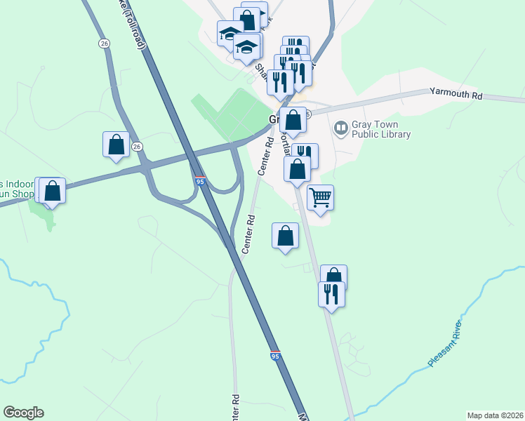 map of restaurants, bars, coffee shops, grocery stores, and more near 25 Center Road in Gray