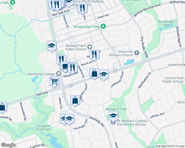 map of restaurants, bars, coffee shops, grocery stores, and more near 34 Christian Ritter Drive in Markham