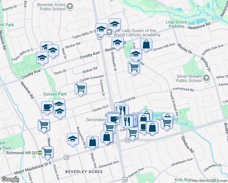 map of restaurants, bars, coffee shops, grocery stores, and more near 29 Breezeway Crescent in Richmond Hill