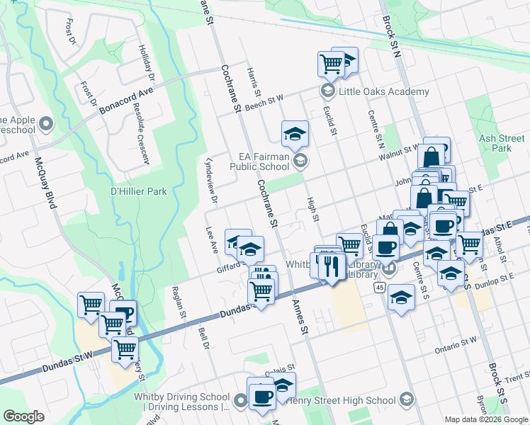 map of restaurants, bars, coffee shops, grocery stores, and more near 218 Cochrane Street in Whitby