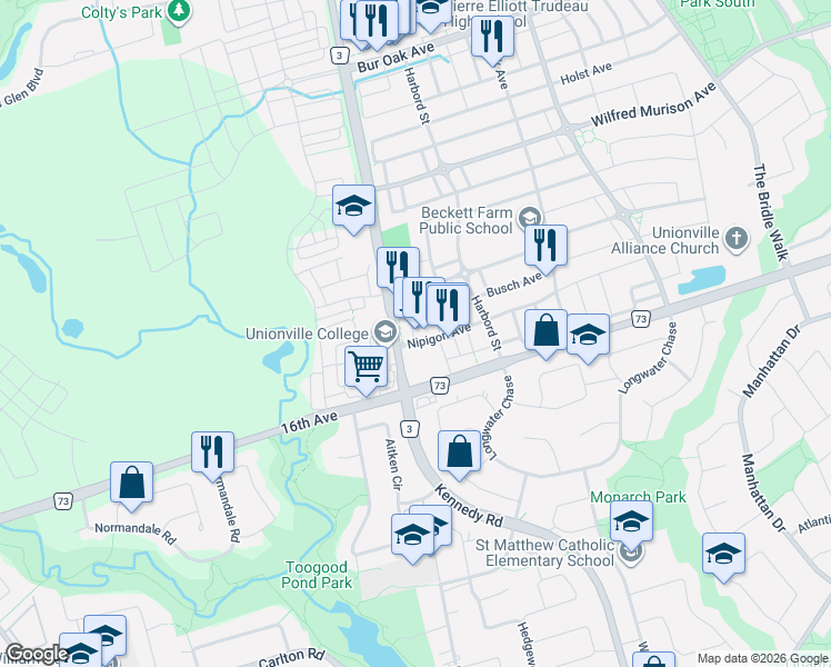 map of restaurants, bars, coffee shops, grocery stores, and more near 6 Nipigon Avenue in Markham