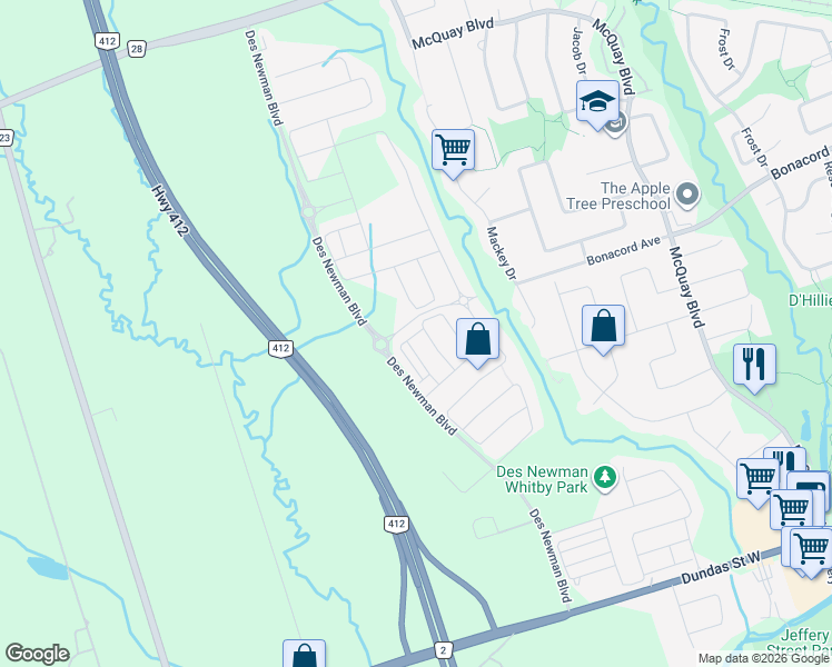map of restaurants, bars, coffee shops, grocery stores, and more near 2 Fiesta Way in Whitby