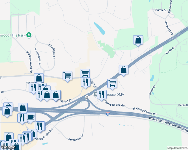 map of restaurants, bars, coffee shops, grocery stores, and more near 135 Marcou Road in Onalaska
