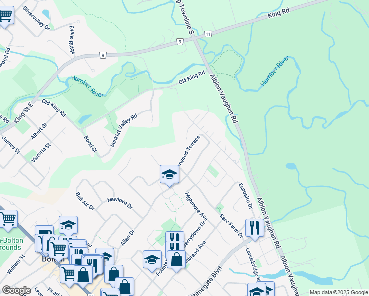 map of restaurants, bars, coffee shops, grocery stores, and more near 76 Riverwood Terrace in Bolton