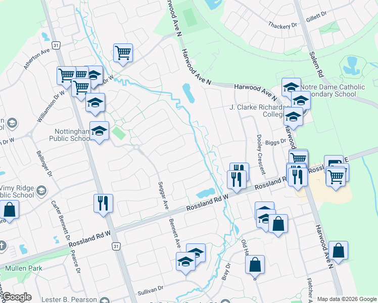 map of restaurants, bars, coffee shops, grocery stores, and more near 71 Armitage Crescent in Ajax