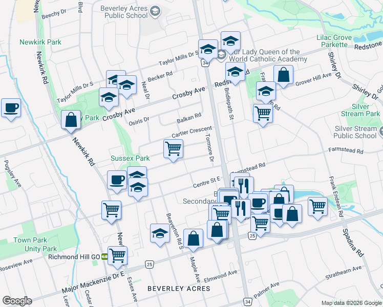 map of restaurants, bars, coffee shops, grocery stores, and more near 13 Rockport Crescent in Richmond Hill