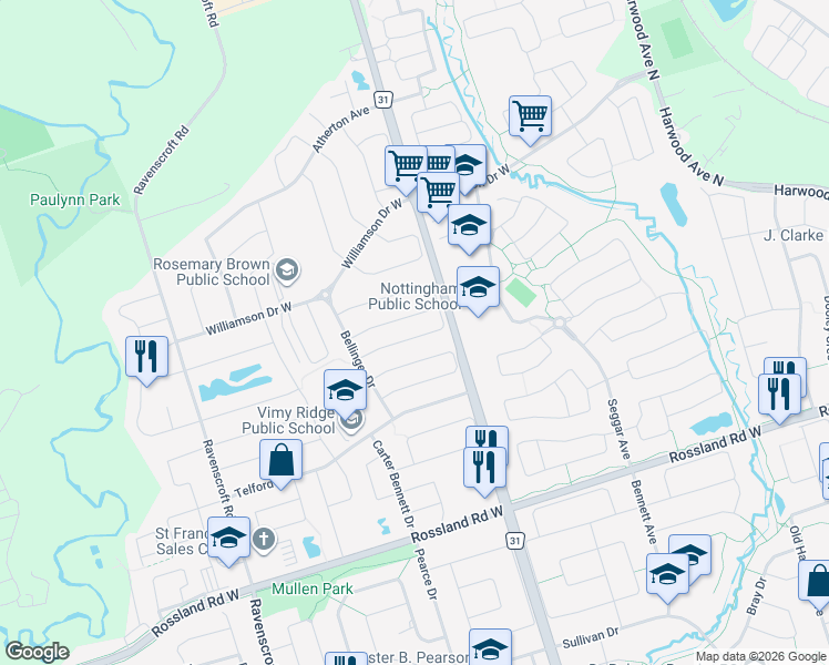 map of restaurants, bars, coffee shops, grocery stores, and more near 30 Taverner Crescent in Ajax