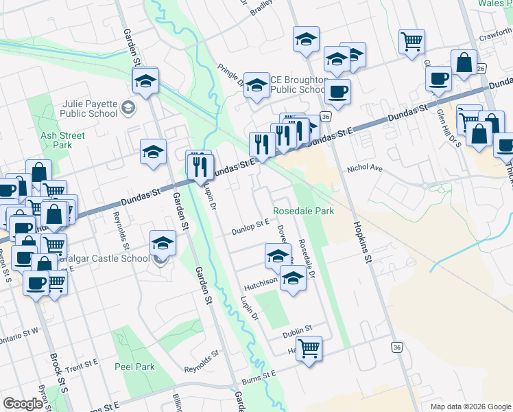 map of restaurants, bars, coffee shops, grocery stores, and more near Mason Drive in Whitby