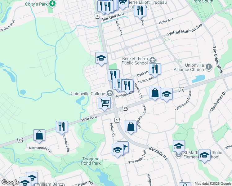 map of restaurants, bars, coffee shops, grocery stores, and more near 9309 Kennedy Road in Markham