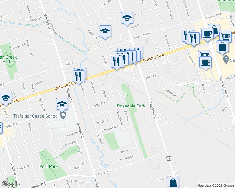 map of restaurants, bars, coffee shops, grocery stores, and more near in Whitby