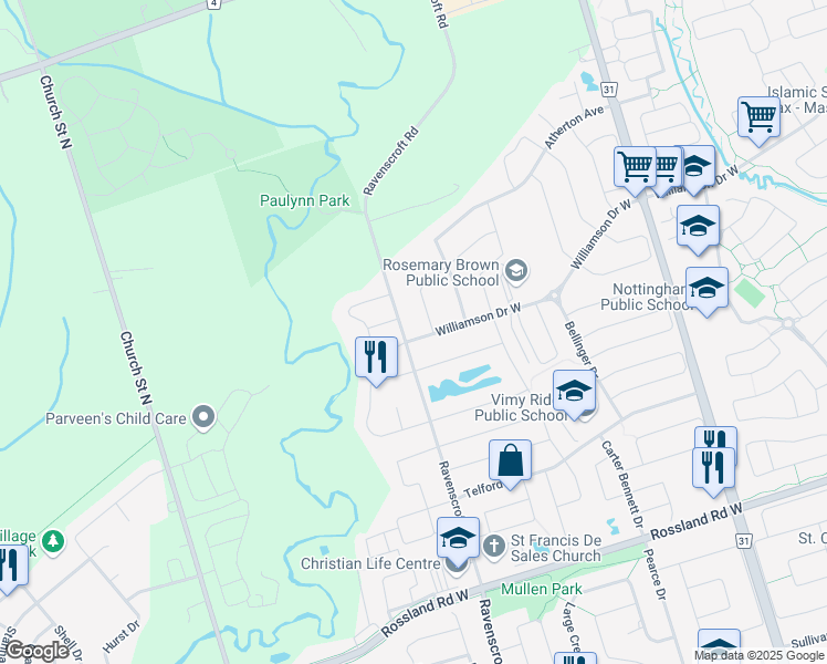 map of restaurants, bars, coffee shops, grocery stores, and more near 44 Beverton Crescent in Ajax