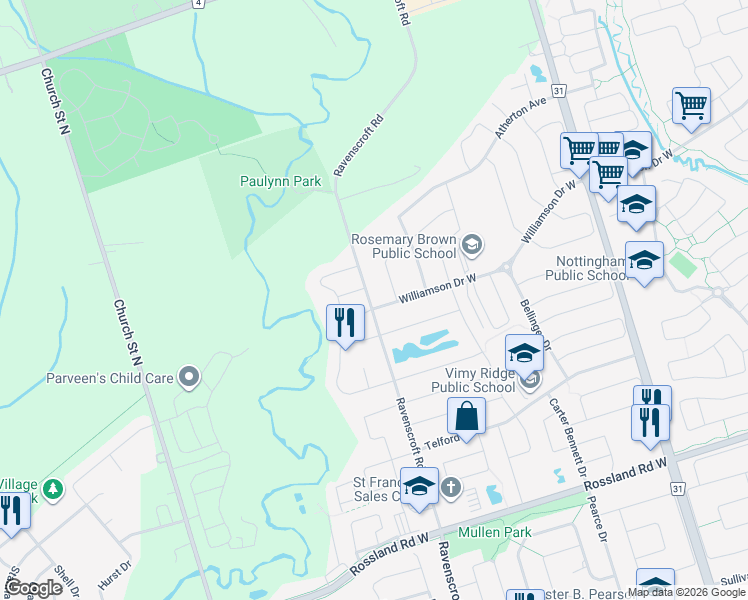 map of restaurants, bars, coffee shops, grocery stores, and more near 44 Beverton Crescent in Ajax