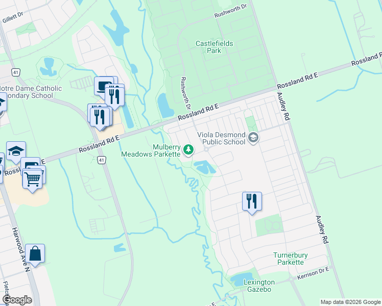 map of restaurants, bars, coffee shops, grocery stores, and more near 14 Mosely Crescent in Ajax